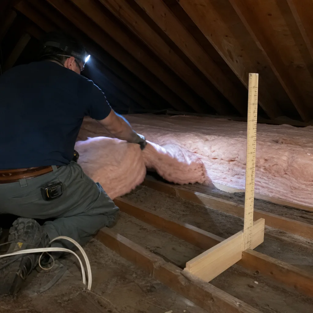 Technician installing pink fiberglass attic insulation between wooden joists