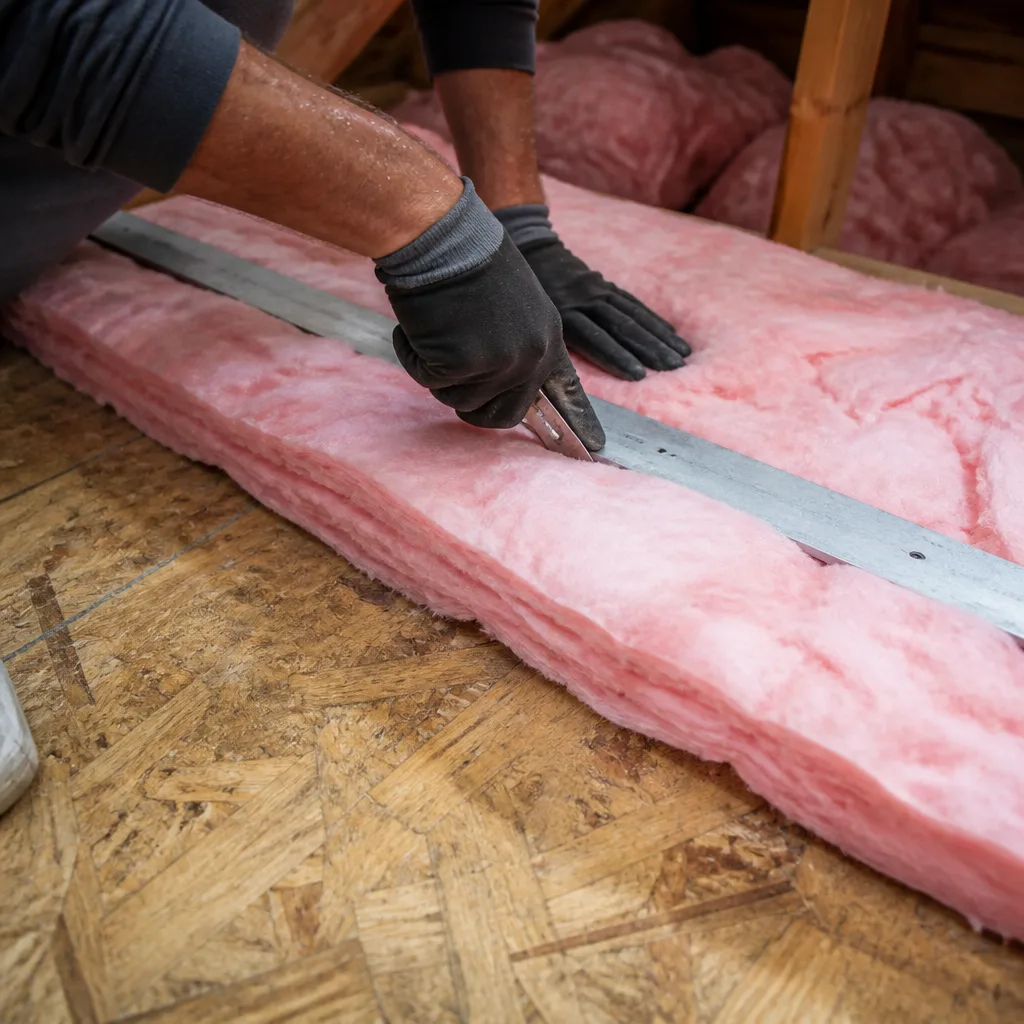 Contractor cutting pink fiberglass attic insulation with a utility knife