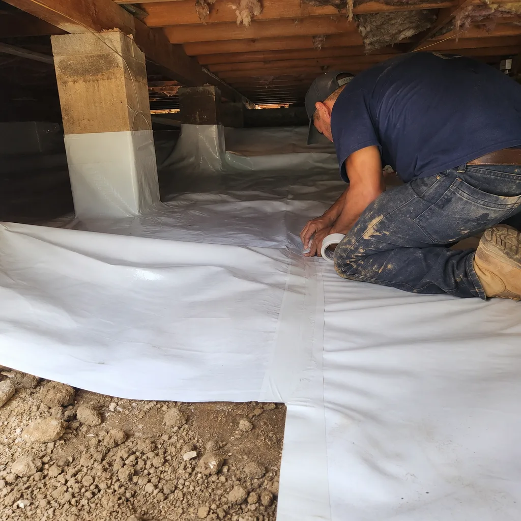 Professional contractor installing a white vapor barrier in a residential crawl space.