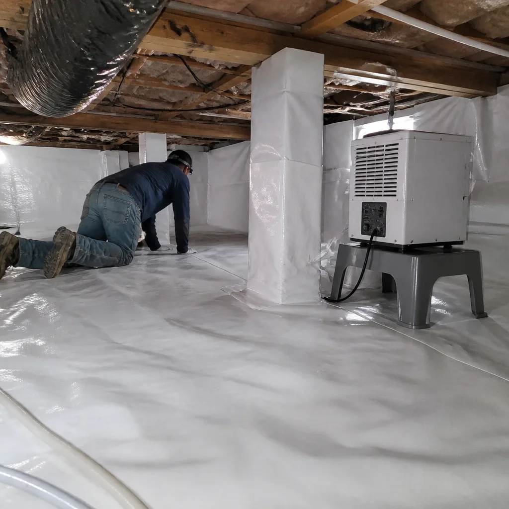 Technician installing crawl space vapor barrier and dehumidifier in residential basement