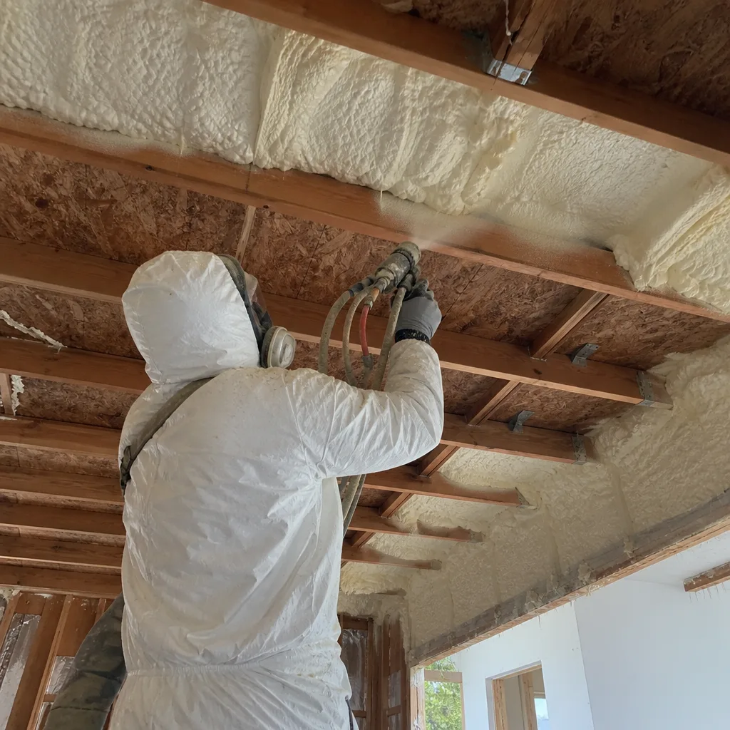 Professional contractor applying spray foam insulation to ceiling joists
